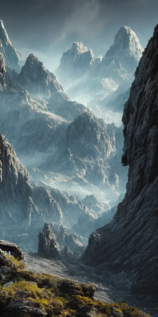 Image similar to alien environment with epic mountains and cliffs by james clyne, epic lighting, cinematographic, 8 k, award winning, ultra detailed