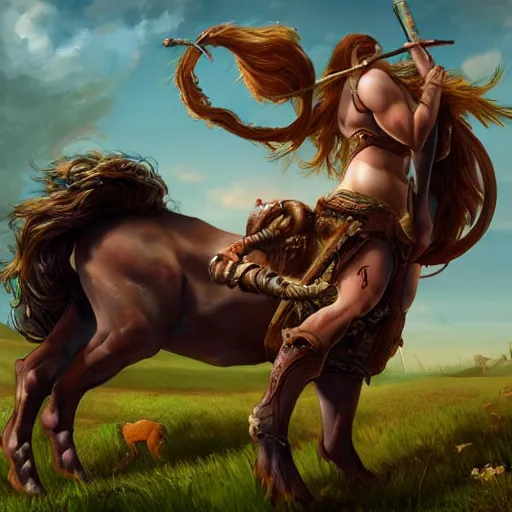 Prompt: centaur overlooking a field, d & d style, trending on artstation, colorful, intricate, art by kev chan