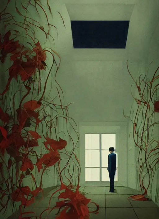 Image similar to time does not exist anymore by edward hopper and james gilleard, zdzislaw beksinski, overgrown vegetation, open ceiling, highly detailed, painted by francis bacon, painted by james gilleard, airbrush, ilya kuvshinov, wlop, stanley artgerm, very coherent, art by takato yamamoto and james jean