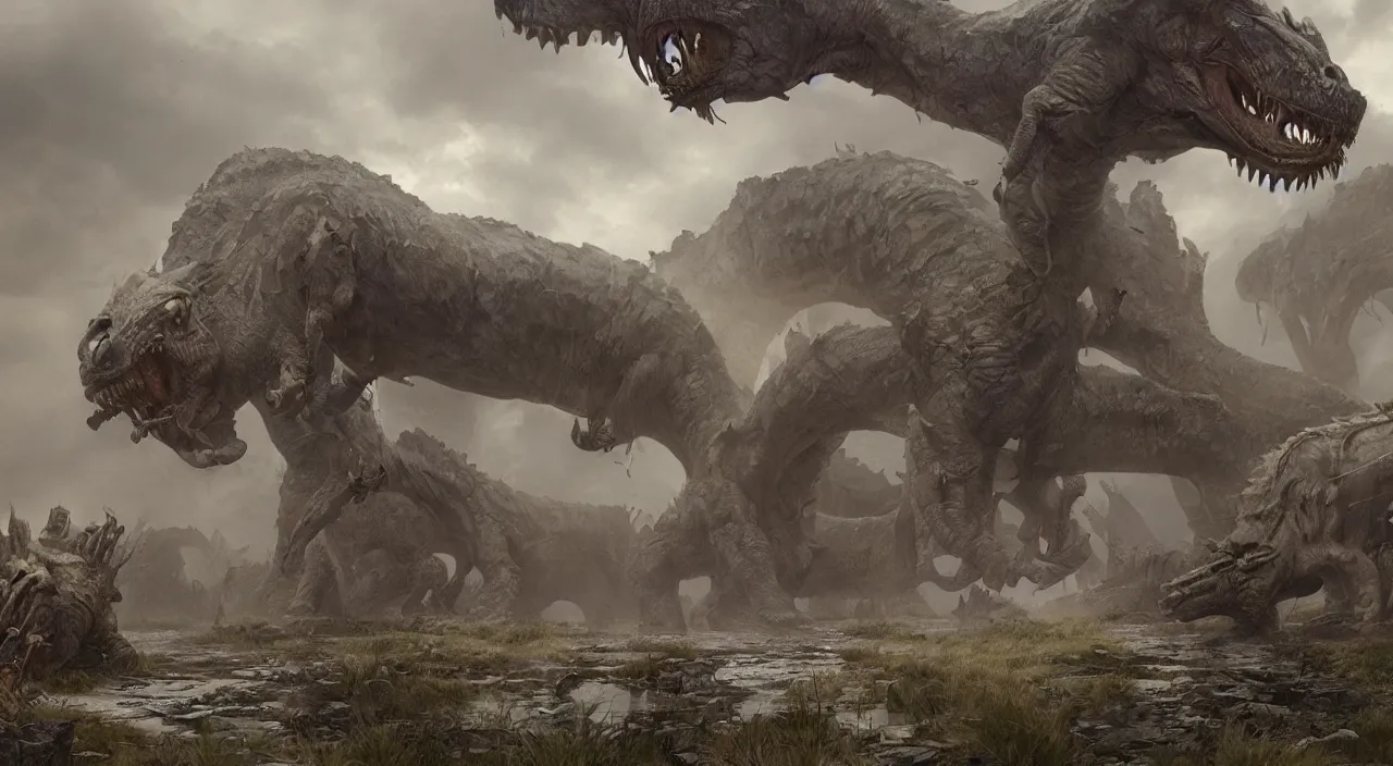 Image similar to indistinct glowing prehistoric beasts surrounded by slate grey walls, insane details, dramatic lighting, unreal engine 5, concept art, greg rutkowski, james gurney, johannes voss, hasui kawase.