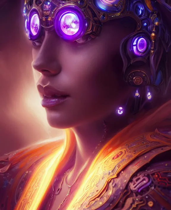 Image similar to a whirlwind of souls rushing inside the metaverse, half body, glowin eyes, tiara with sapphire, pharaoh, android, cyberpunk, d & d, fantasy, intricate, elegant, highly detailed, colorful, vivid color, digital painting, artstation, concept art, art by artgerm and greg rutkowski and alphonse mucha and ruan jia