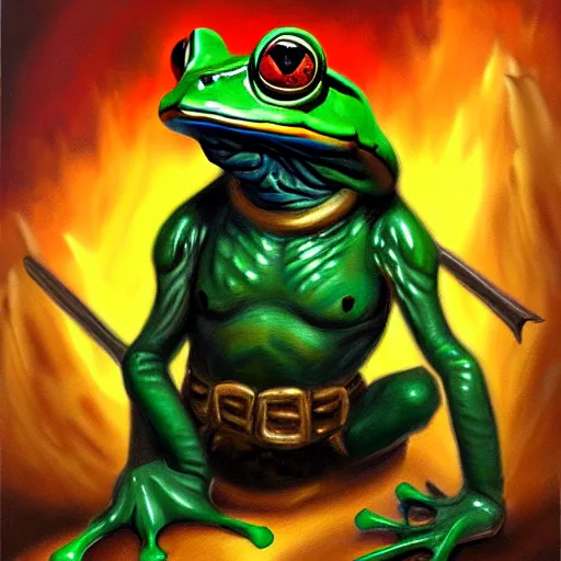 Prompt: oil painting of a frog warrior, in the style of 9 0 s dungeons & dragons and magic the gathering, character art card, highly readable