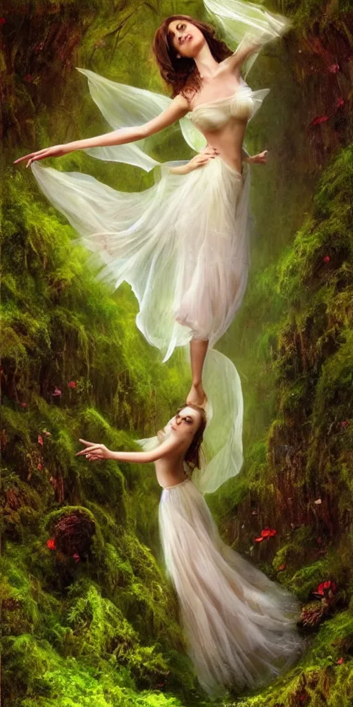 Prompt: epic oil painting of a beautiful fairy with a beautiful face and flawless skin and perfect body wearing a gauze dress, landing on a mushroom in the forest, moss, fog