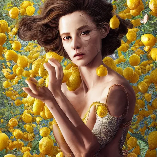 Image similar to the portrait of an absurdly beautiful, graceful, elegant, sophisticated, mature vixen made up of lemons looking up, an ultrafine hyperdetailed illustration by kim jung gi, irakli nadar, intricate linework, bright colors, octopath traveler, final fantasy, unreal engine 5 highly rendered, global illumination, radiant light, detailed and intricate environment