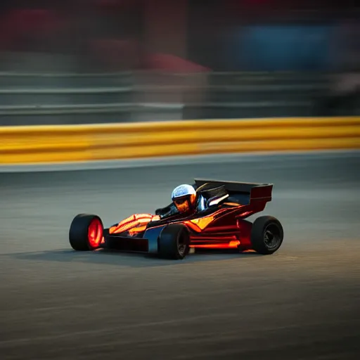 Image similar to young go - kart racer taking a corner at speed on a race track, motion blur lights, laser, smoke, debris, fast movement, light streaks, dark mood, night time, formula 1