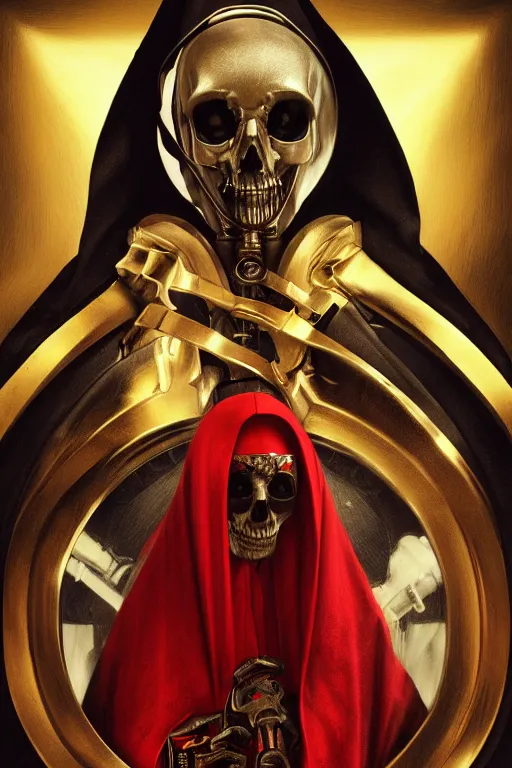 Prompt: ultra realistic illustration, 3 d render of a nun with a skull helmet red and gold accents, gothic, dark, hacknaut cyberpunk, sci - fi, fantasy, intricate, elegant, highly detailed, digital painting, artstation, concept art, smooth, sharp focus, illustration, art by artgerm and greg rutkowski and alphonse mucha