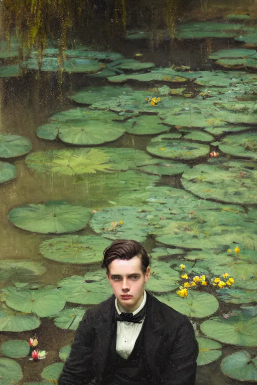 Image similar to detailed cinematic moody colors studio portrait of a young victorian gentleman in a beautiful victorian water pond, water lilies, high quality by jeremy mann, only one head single portrait