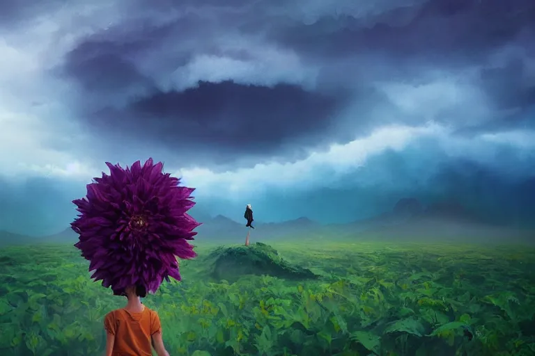 Image similar to closeup giant dahlia flower as head, girl standing on mountain, surreal photography, blue storm clouds, dramatic light, impressionist painting, digital painting, artstation, simon stalenhag