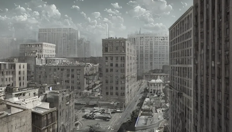 Prompt: american city, modern times, an apartment building, four stories high, with a huge water tank on the roof. the color of the picture is gray, and the painting style is realistic, hyper realism, realistic shading, cinematic composition, realistic render, octane render, detailed textures, photorealistic, wide shot