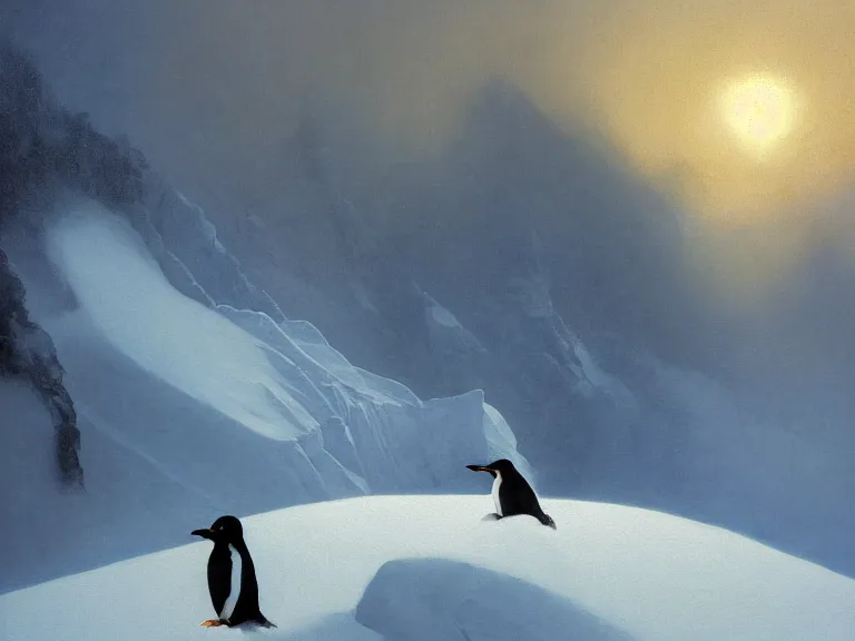 Image similar to an oil painting of a penguin playing in pure white snow on a misty glacier at dusk. aurora. by tuomas korpi moebius and carl spitzweg. baroque elements. intricate artwork by caravaggio. oil painting. oil on canvas. award winning. dramatic. trending on artstation. 8 k