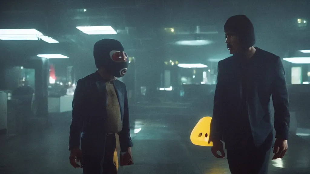 Image similar to film still of the Pac Man movie. directed by Denis Villeneuve