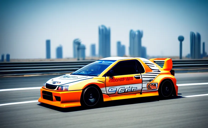 Image similar to photograph of a cell-shaded orange itasha Honda EK9 Type-R, speeding on a desert road with a futuristic city in the horizon, kicking up dirt, action shot, one point perspective, 1-point perspective, sigma 85mm f/1.4, 4k, depth of field, high resolution, 4k, 8k, hd, full color