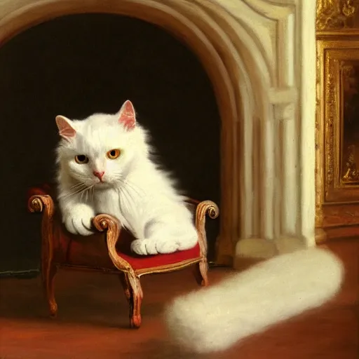 Image similar to baroque painting of a white fluffy cat reading in a chair by the fire. Renaissance oil on canvas 4k