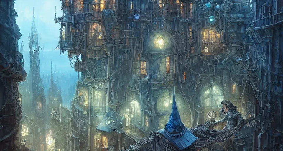 Image similar to landscape painting of fantasy metal steampunk city that has a light blue glow with walkways and lit windows with hooded thieves in leathers climbing the buildings using a rope, fine details, magali villeneuve, artgerm, rutkowski