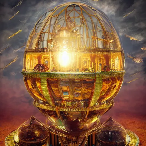 Image similar to enormous flying city in a faberge egg, sky, steampunk, fantasy art, masterpiece, unreal engine, intricate, intricate, intricate, detailed