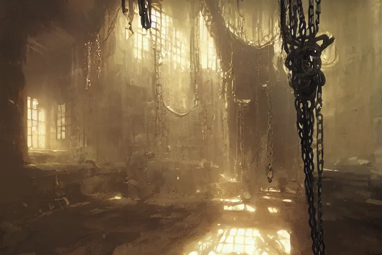 Image similar to torture dungeon room interior, chain, intricate, elegant, highly detailed, john park, frazetta, sparth, ruan jia, jeffrey catherine jones