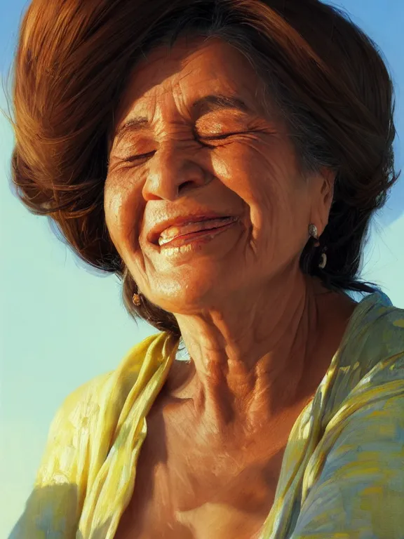 Image similar to an ultradetailed beautiful portrait painting of an older cuban woman smiling with closed eyes whilst enjoying the sun, side view, oil painting, high resolution, by ilya kuvshinov, greg rutkowski and makoto shinkai