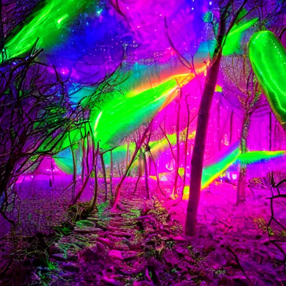 Image similar to crystal forest, fiber optic lights, neon glare, nacreous flare