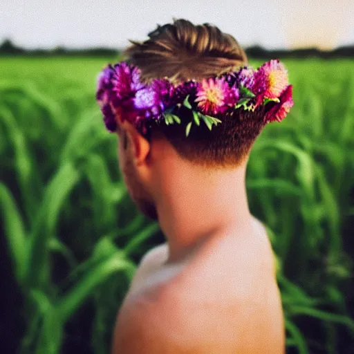 Image similar to revolog volvox photograph of a skinny blonde guy standing in a cornfield, flower crown, back view, grain, moody lighting, telephoto, 9 0 s vibe, blurry background, vaporwave colors!, faded!,
