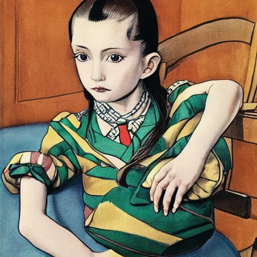 Image similar to little girl wearing an gucci's outfit. art by hirohiko araki, inspired by balthus, highly detailed, realistic,