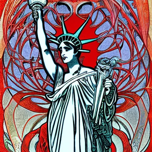 Image similar to Lady Liberty riding the red dragon of china, highly detailed, digital painting, smooth, sharp focus, illustration alphonse mucha