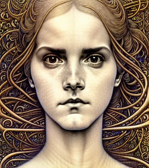 Prompt: detailed realistic beautiful young medieval alien robot emma watson face portrait by jean delville, gustave dore and marco mazzoni, art nouveau, symbolist, visionary, gothic, pre - raphaelite. horizontal symmetry by zdzisław beksinski, iris van herpen, raymond swanland and alphonse mucha. highly detailed, hyper - real, beautiful, fractal baroque