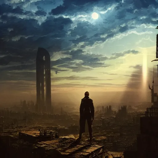 Image similar to wanderer with night vision goggles, dramatic light, sunset, sunrays, cyberpunk city in the background, ruins, buildings, dystoptian, gorgeous view, depth, painted by Caspar David Friedrich, clouds, tending on artstation