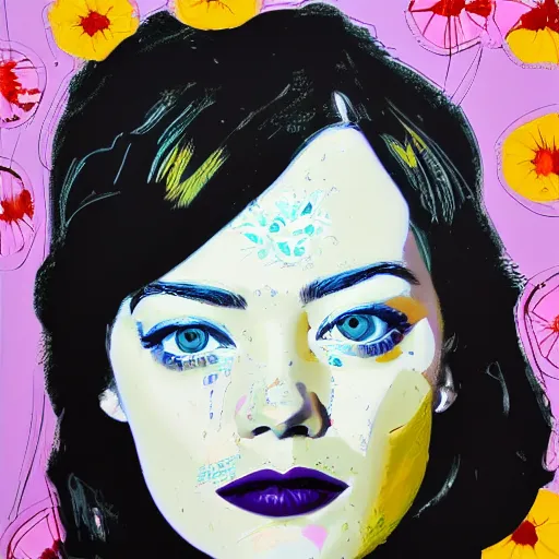 Image similar to detailed oil painting of emma stone in detail with flowers by james jean, by andy warhol