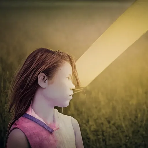 Image similar to A girl made of paper folded origami dramatic lighting, with bokeh effect in a sunny meadow