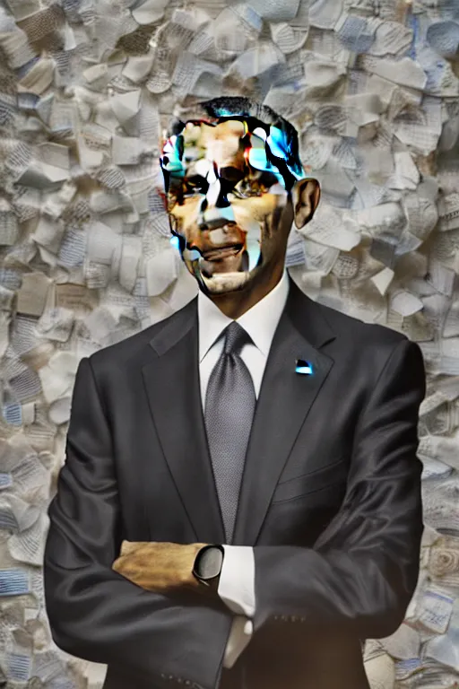 Image similar to obama standing next to a mountain made of papers, oil on canvas, intricate, portrait, 8 k highly professionally detailed, hdr, cgsociety