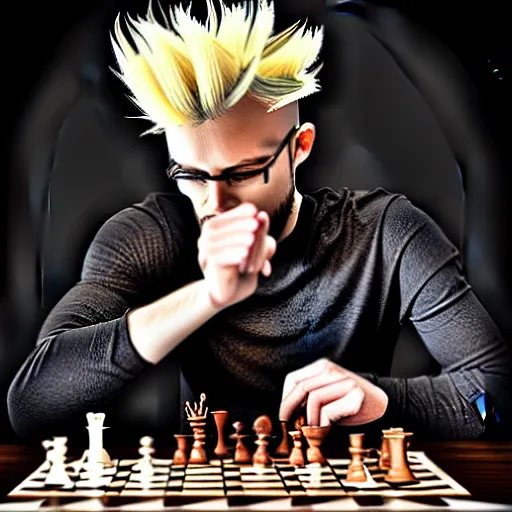 Image similar to man with spiky hair, wearing steampunk armor, playing chess, highly intricate, photorealistic, hyperrealism, beautiful, high resolution