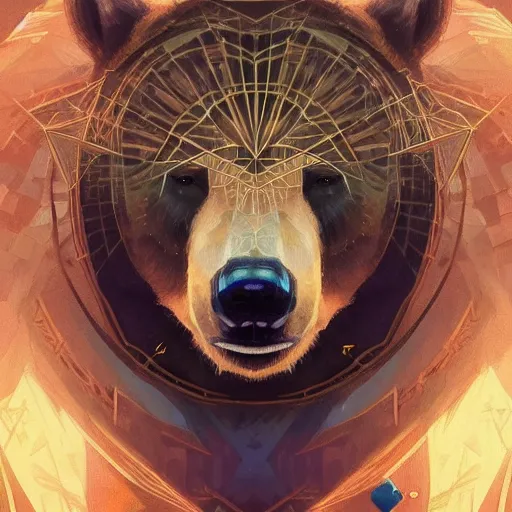 Image similar to realistic bear playing triangulated triangular setar, realistic portrait, symmetrical, highly detailed, digital painting, artstation, concept art, smooth, sharp focus, illustration, cinematic lighting, art by artgerm and greg rutkowski and alphonse mucha