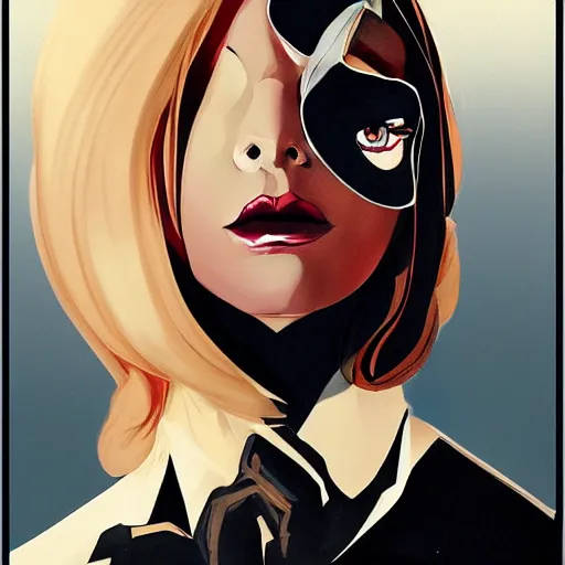 Image similar to Joshua Middleton comic art, stunning female Actress Audrey Plaza, spy, eye patch over left eye, evil smile, symmetrical face, symmetrical eyes, tailored clothing, long straight blonde hair, full body, Winter night