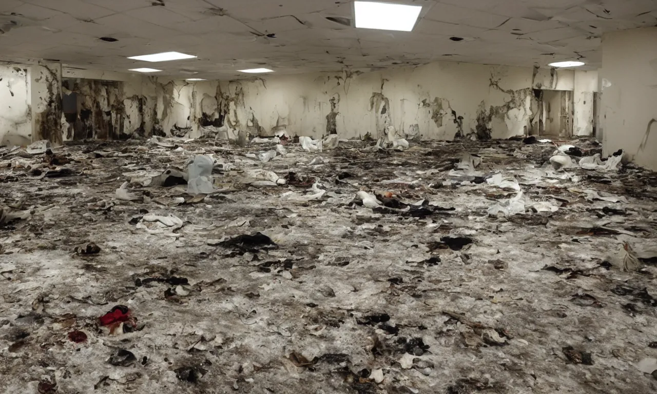 Image similar to backrooms abandoned mall, moldy walls and smoldering stuffed animals sitting in shallow water