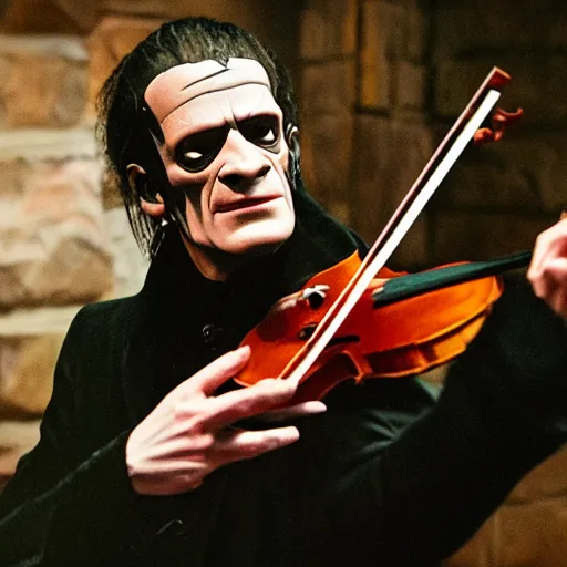 Image similar to UHD candid photo of Frankenstein playing violin, with accurate face, UHD, photorealistic, correct face, real strativarius, photo by Annie Leibowitz