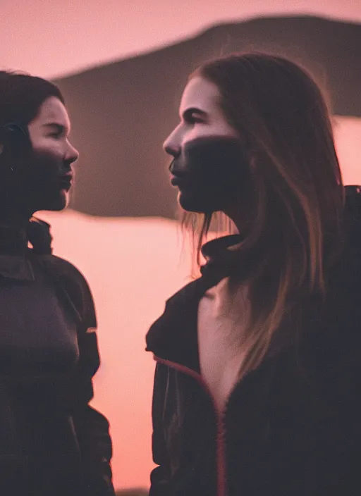 Image similar to cinestill 5 0 d photographic portrait of two loving female androids wearing rugged black techwear on a desolate plain with a red sky, extreme closeup, cyberpunk style, in front of a brutalist dark metal facility, dust storm, 8 k, hd, high resolution, 3 5 mm, f / 3 2, ultra realistic faces, ex machina