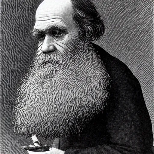 Image similar to Charles Darwin smoking a joint, escher style, portrait