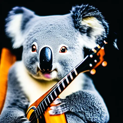 Image similar to a koala playinga guitar, modelsociety, radiant skin, huge anime eyes, rtx on, perfect face, directed gaze, canon, symmetric balance, polarizing filter, photolab, lightroom, 4 k, dolby vision, photography award