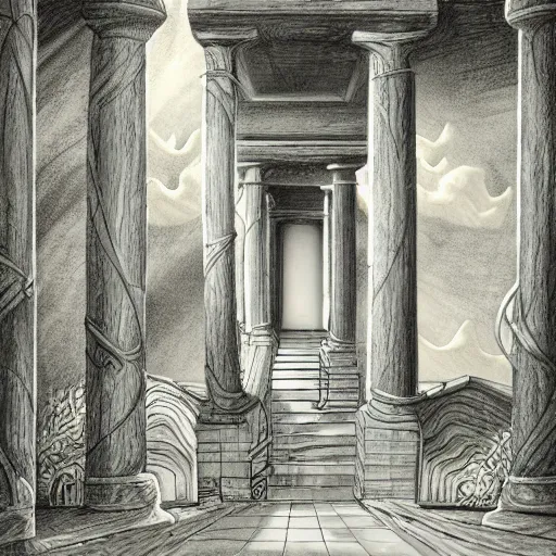 Image similar to childrens fantasy book illustration of a giant hallway and columns which turn into nature and the clouds and sky. highly detailed drawing. surrealism