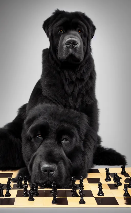 Image similar to An award winning photograph of a black newfoundland dog, looking intelligent, playing chess, studio lighting, medium shot, Sigma 85mm, 8k