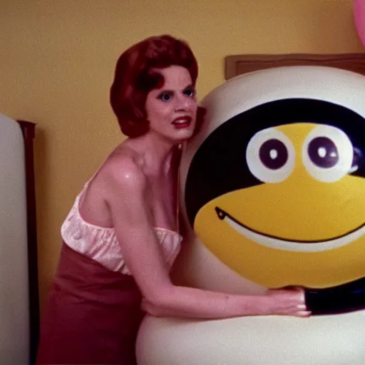 Image similar to bored housewife meets a smiley inflatable toy in a seedy motel room, 1978 color Fellini film, ugly motel room with dirty walls and old furniture, archival footage, technicolor film, 16mm, live action, John Waters, campy and colorful