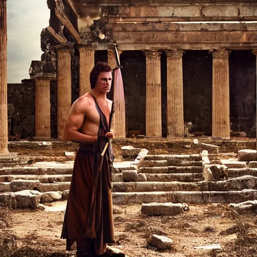 Image similar to portrait of Achilles holding a spear, standing in ruins, fallen columns, highly detailed face, tom chambers photography