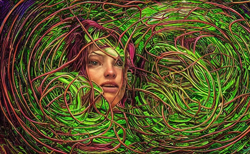 Image similar to a person trapped in the fetal position inside of extremely thick iridescent vines intertwined, central circular composition, high saturation, epic lighting, in the style of Peter gric and Amanda Sage 8k
