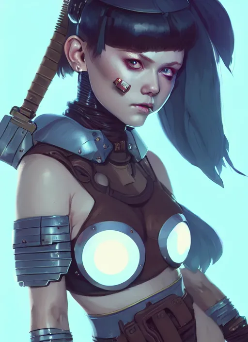 Image similar to portrait of cute shieldmaiden girl in cyber bikini armor, face by ilya kuvshinov, warhammer, cyberpunk, viking, by atey ghailan, by greg rutkowski, by greg tocchini, by james gilleard, by joe fenton, by kaethe butcher, dynamic lighting, gradient light blue, brown, blonde cream and white color in scheme, grunge aesthetic