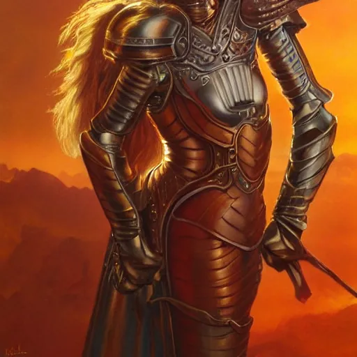 Prompt: portrait of a stunningly beautiful paladin in copper plate armor who looks like young michelle pfeiffer, moonlight in the background by boris vallejo and julie bell, upper body, soft details, soft lighting, HD, elegant, intricate, masterpiece