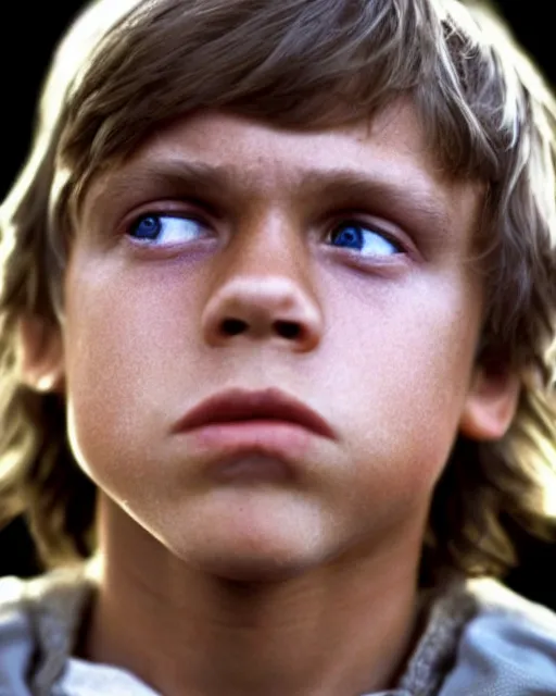 Image similar to very low angle high quality hyper realistic portrait of young mark hamill portraying young luke skywalker, dark dramatic lighting, portrait realistic and insanely detailed, great composition, 8 k