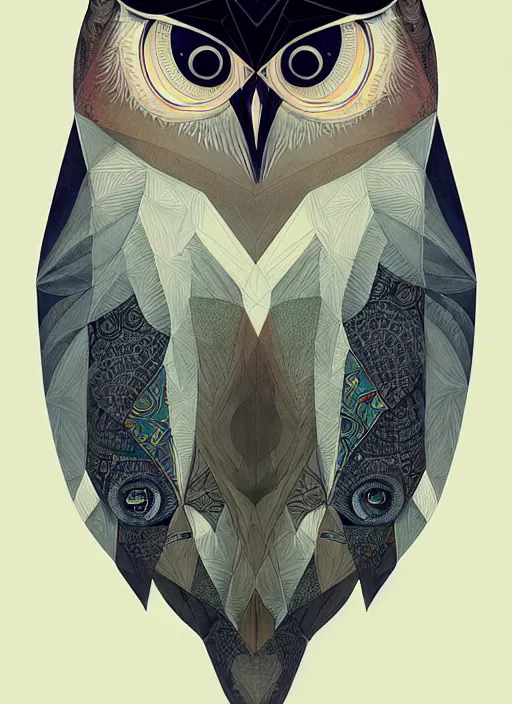 Image similar to portrait of a geometric owl, identical eyes, medium shot, illustration, full body made of white feathers, symmetrical, art stand, super detailed, cinematic lighting, and its detailed and intricate, gorgeous, by peter mohrbacher