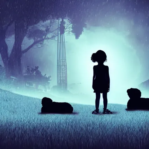 Image similar to digital art cyberpunk landscape silhouette of young girl holding a teddy bear in the foreground