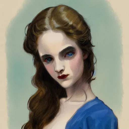Prompt: a portrait in the style of charles dana gibson and in the style of peter mohrbacher. porcelain skin, big blue eyes.