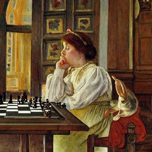 Image similar to a young edwardian woman playing chess against a rabbit inside a church in the style of Carl Larsson